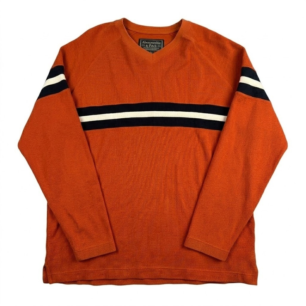 Abercrombie & Fitch Men Sweater Large Orange Striped V-Neck Cotton Raglan Sleeve